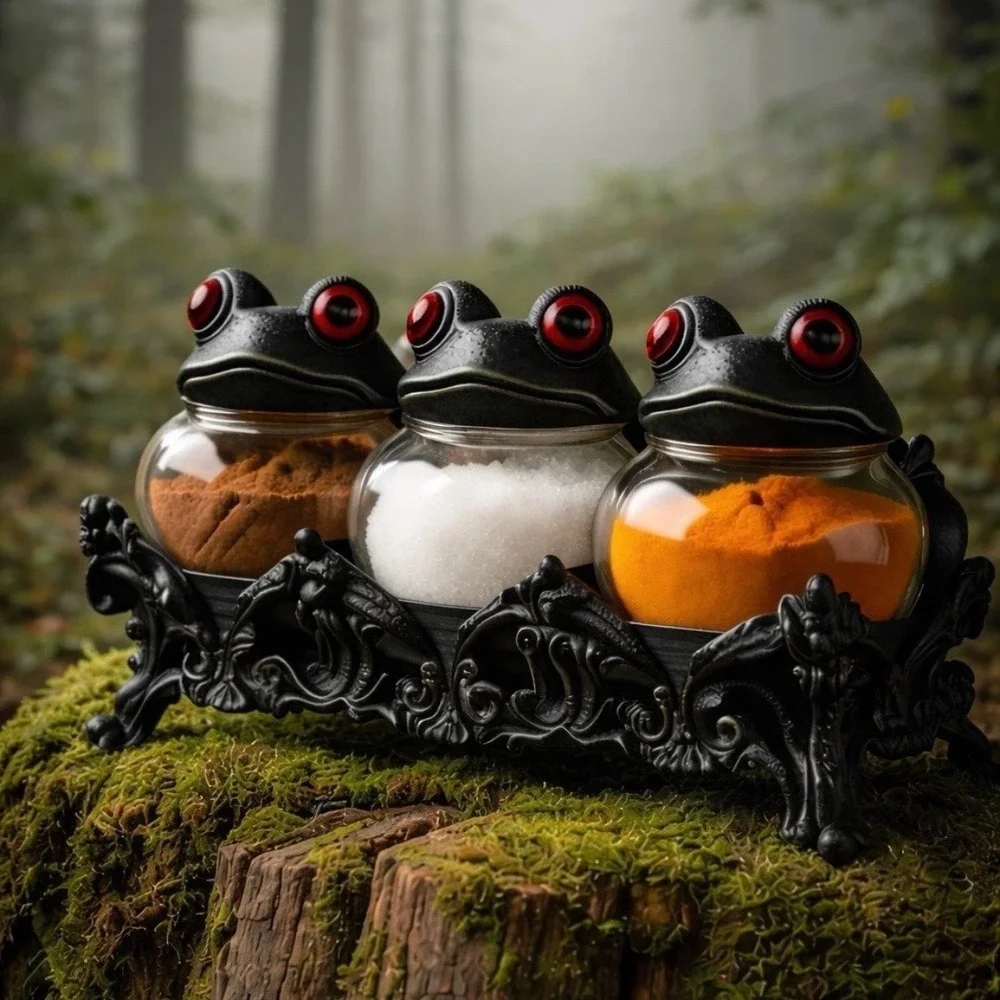 Gothic Frog Spice Jar Set 3 Glass Apothecary Bottles Ornate Black Display Base